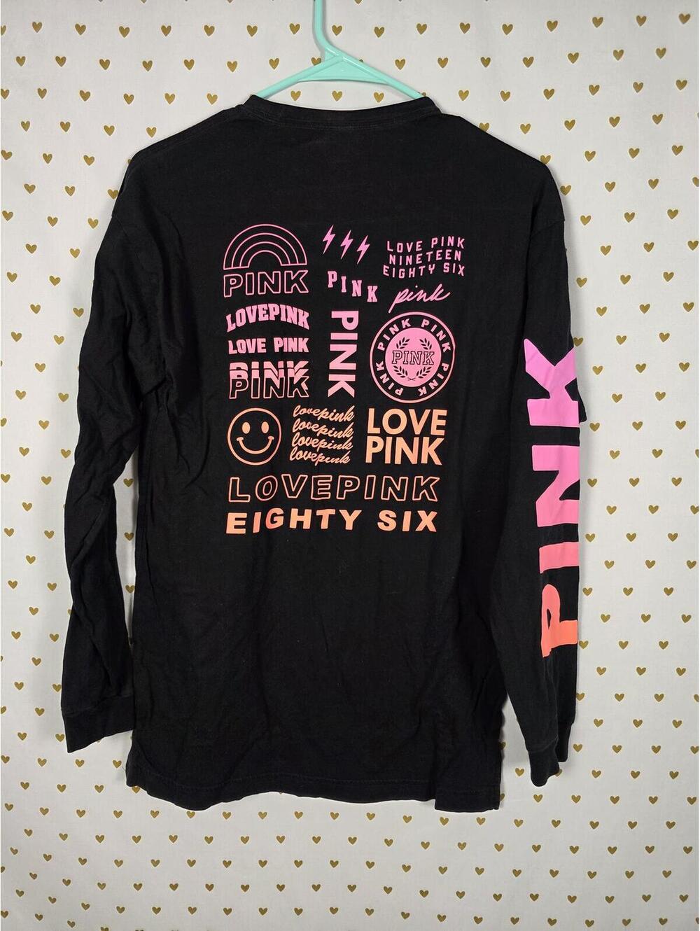 Victorias Secret PINK XS Black Long Sleeve Campus Tee shirt Love